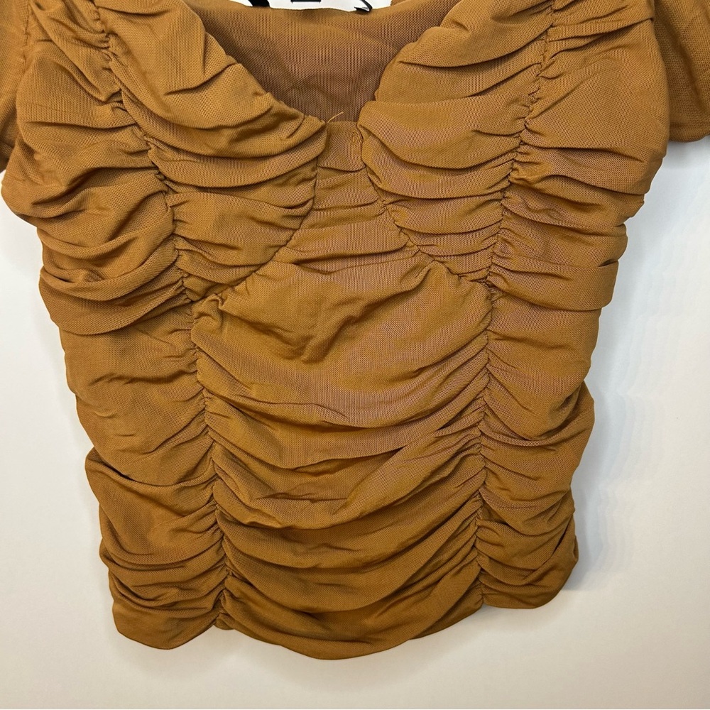 Lulus Upper Echelon Brown Ruched Short Sleeve Top, Size Medium - Picture 7 of 11
